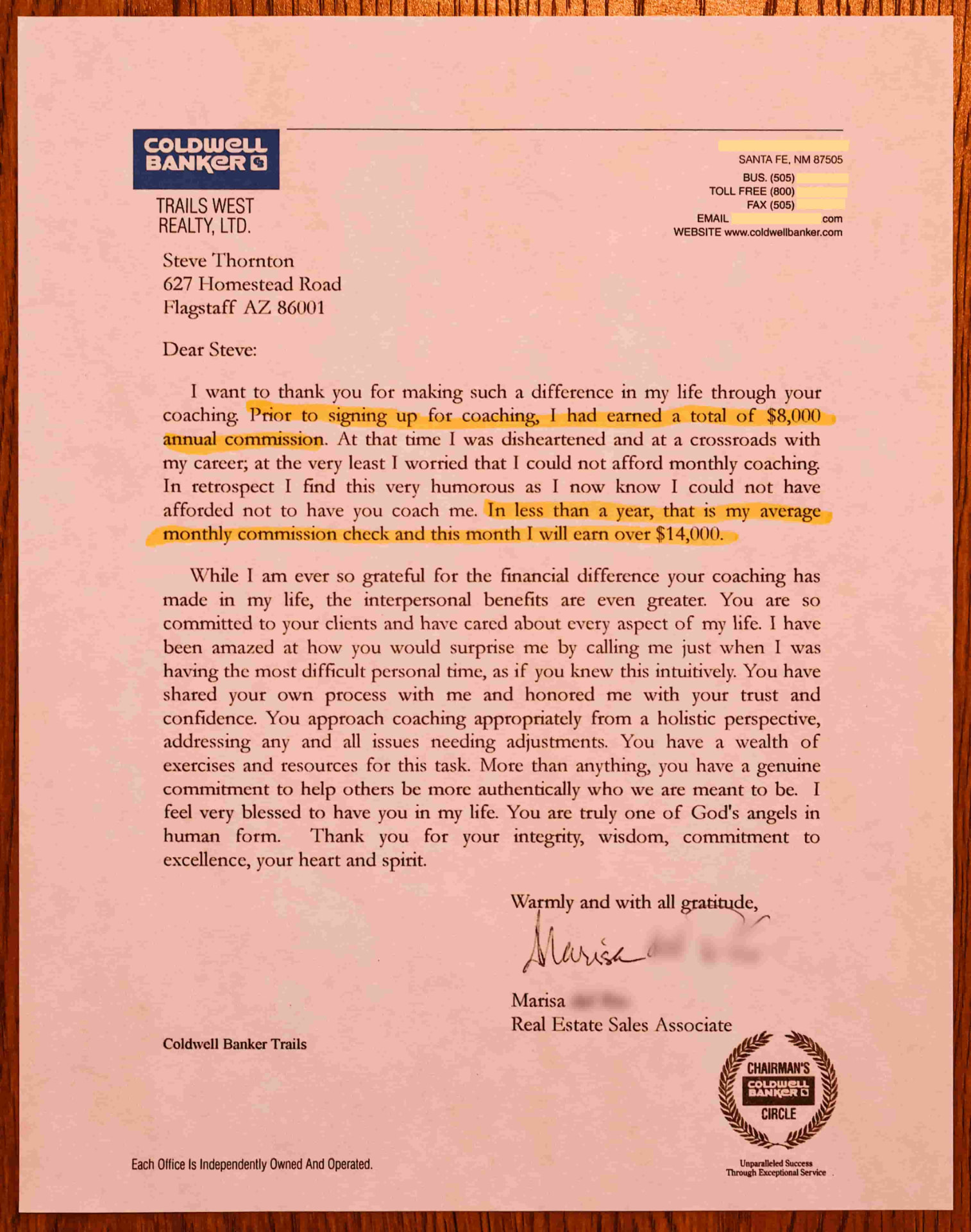 Letter from Marisa, Coldwell Banker Trails West