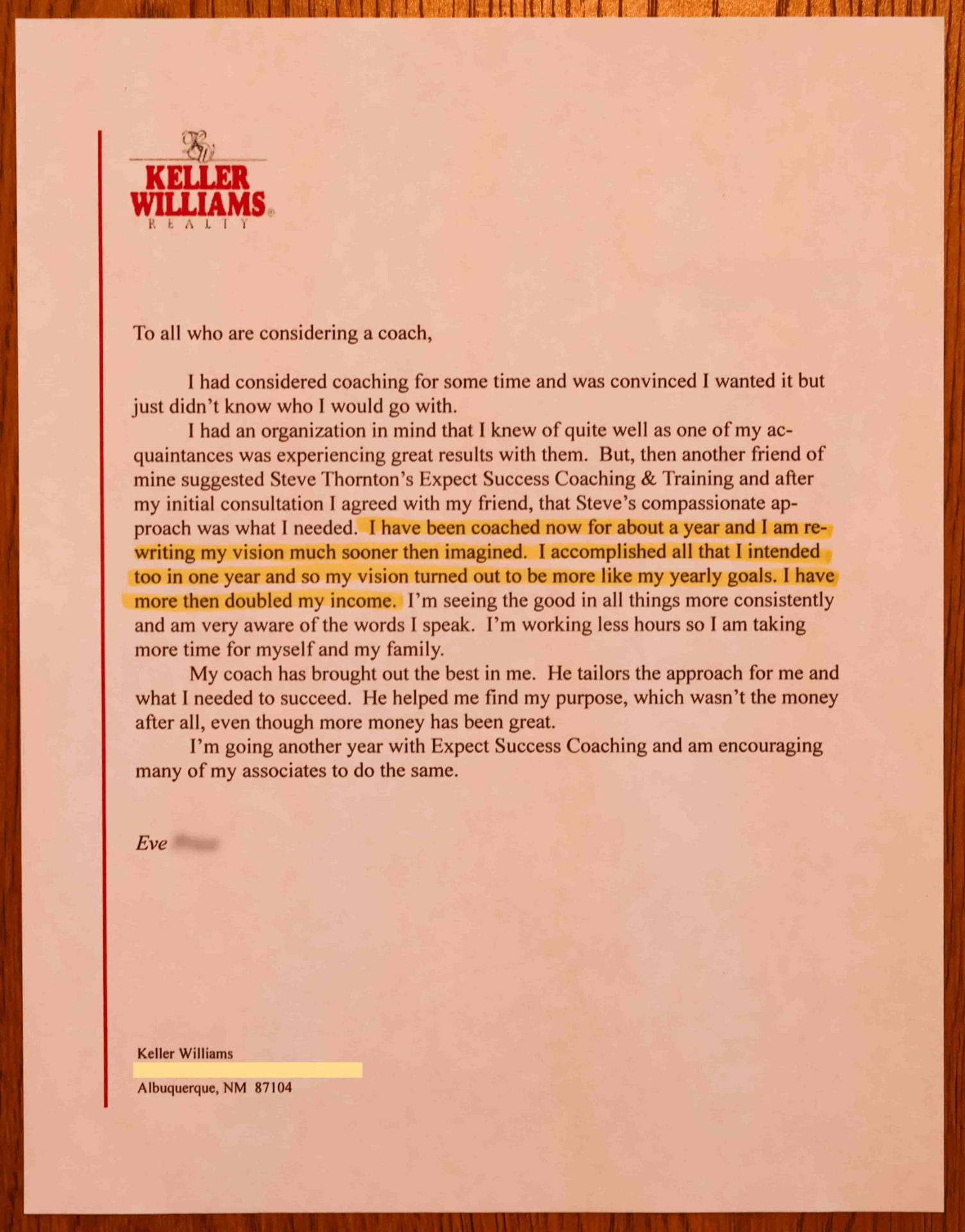 Letter from Eve, Keller Williams Realty