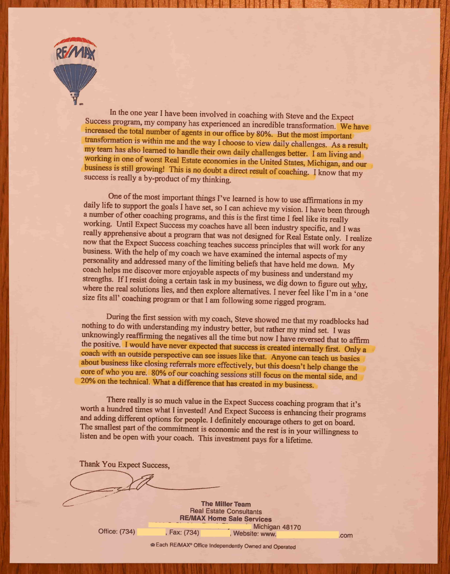 Letter from The Miller Team, RE/MAX Home Sale Services