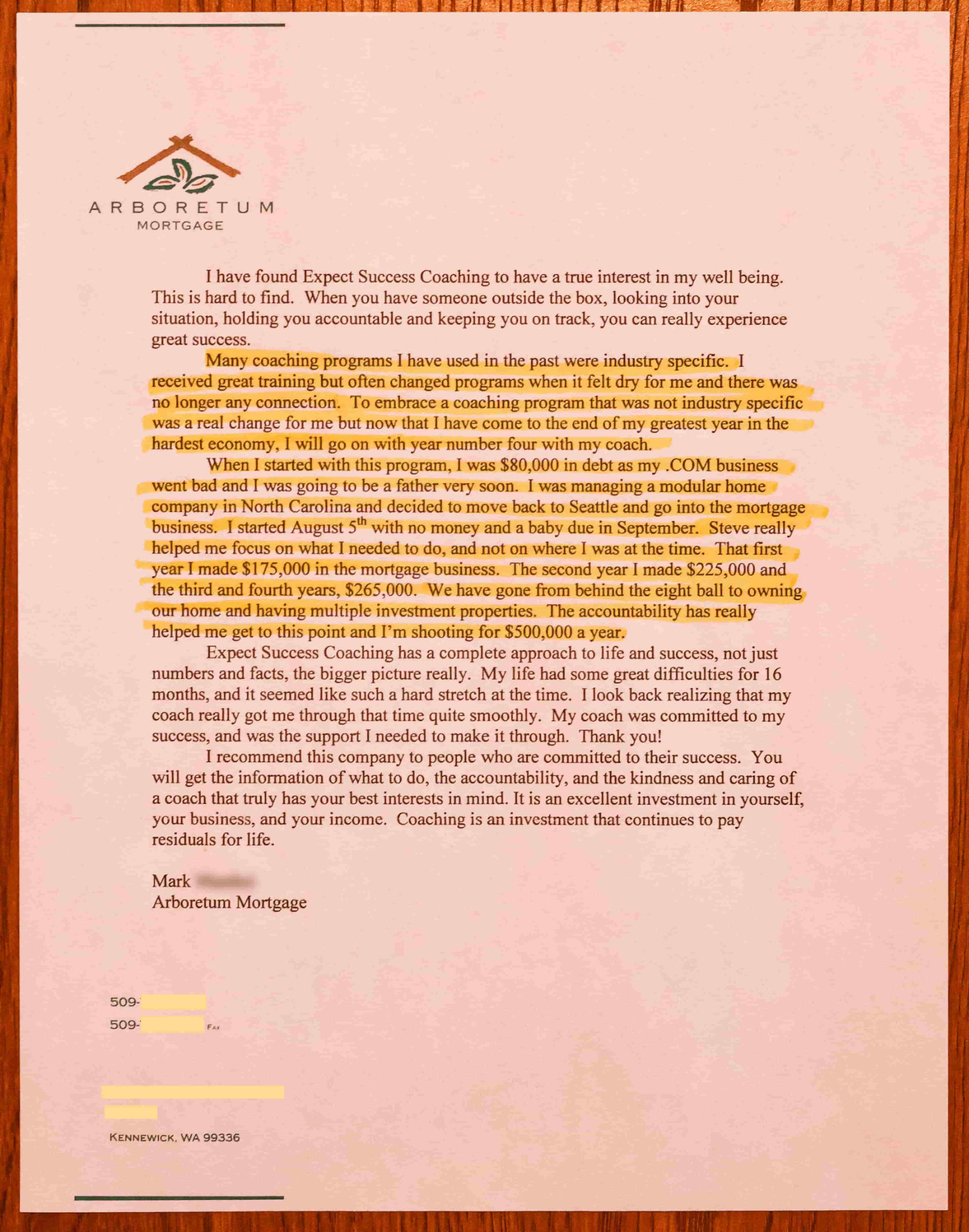 Letter from Mark, Arboretum Mortgage