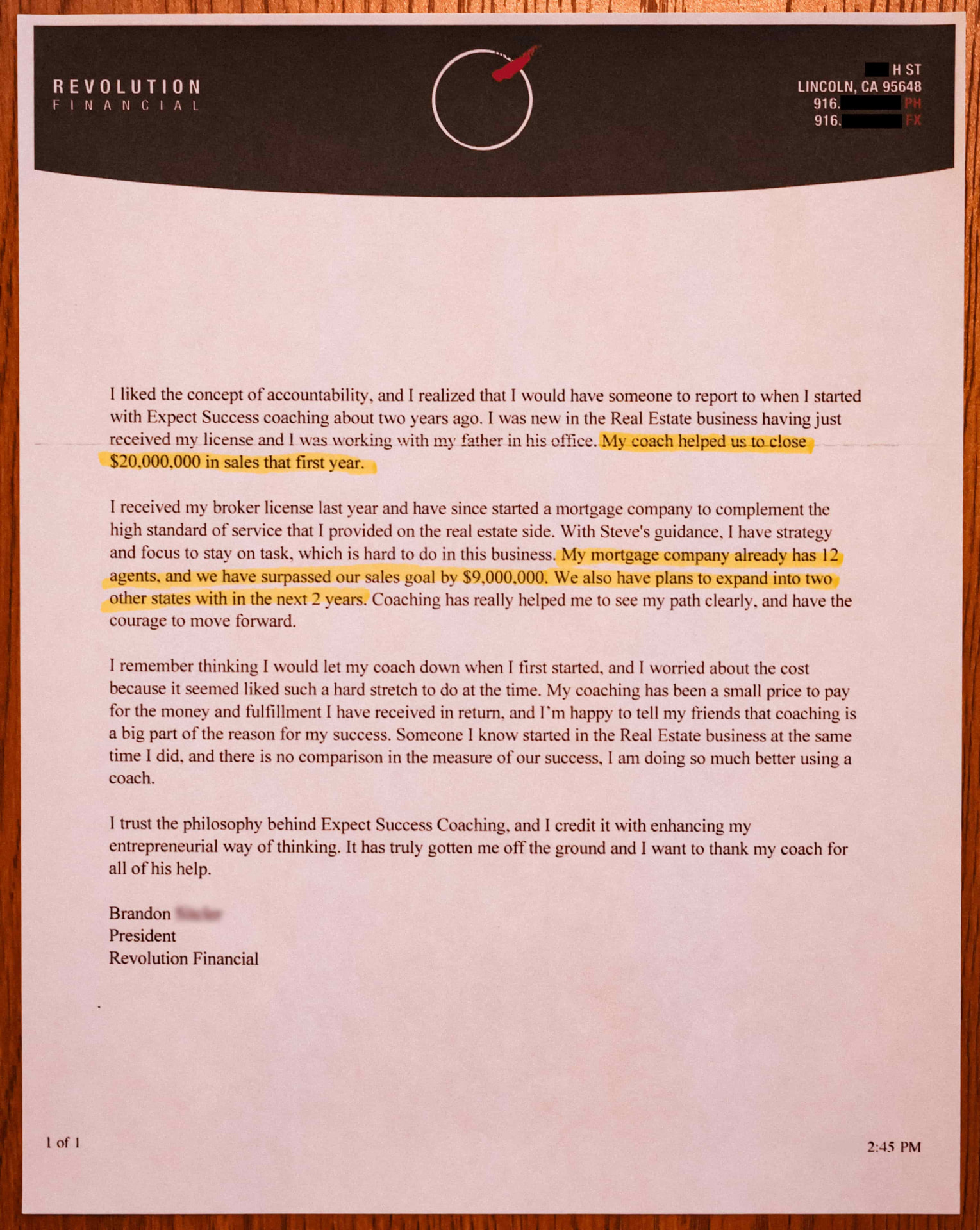 Letter from Brandon, President, Revolution Financial