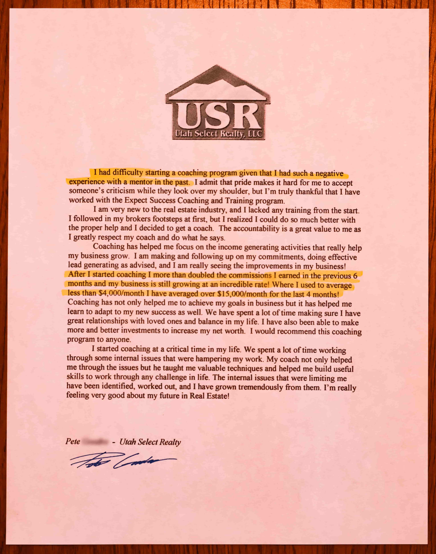 Letter from Pete, Utah Select Realty