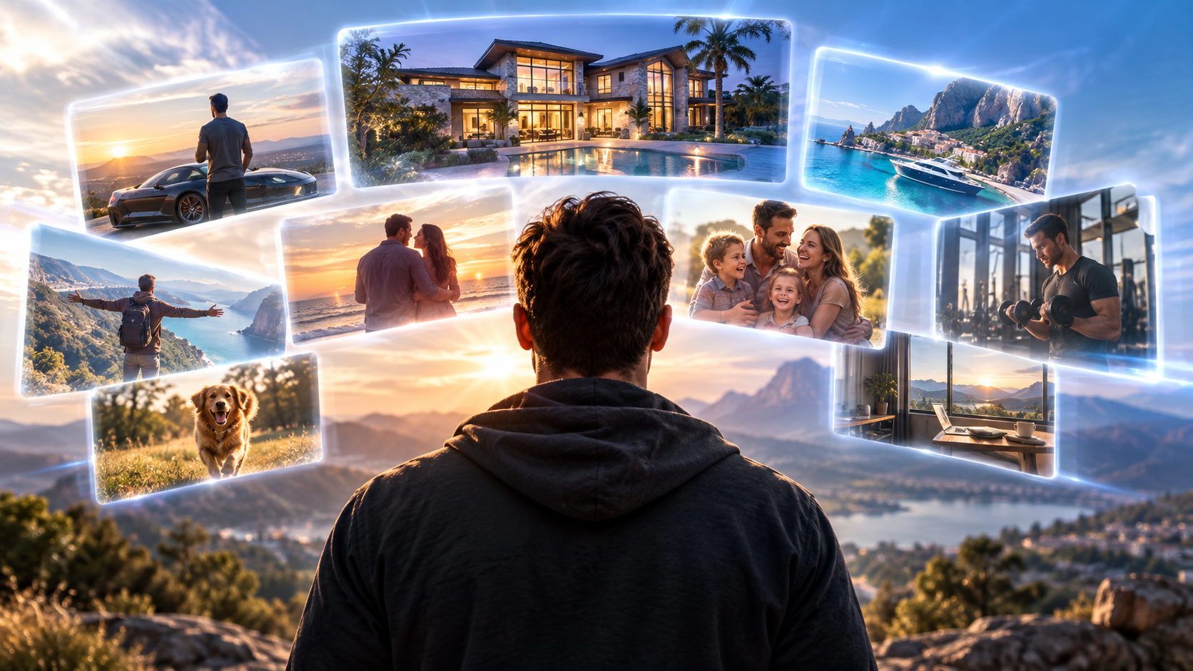 Man watching cinematic scenes of his future life