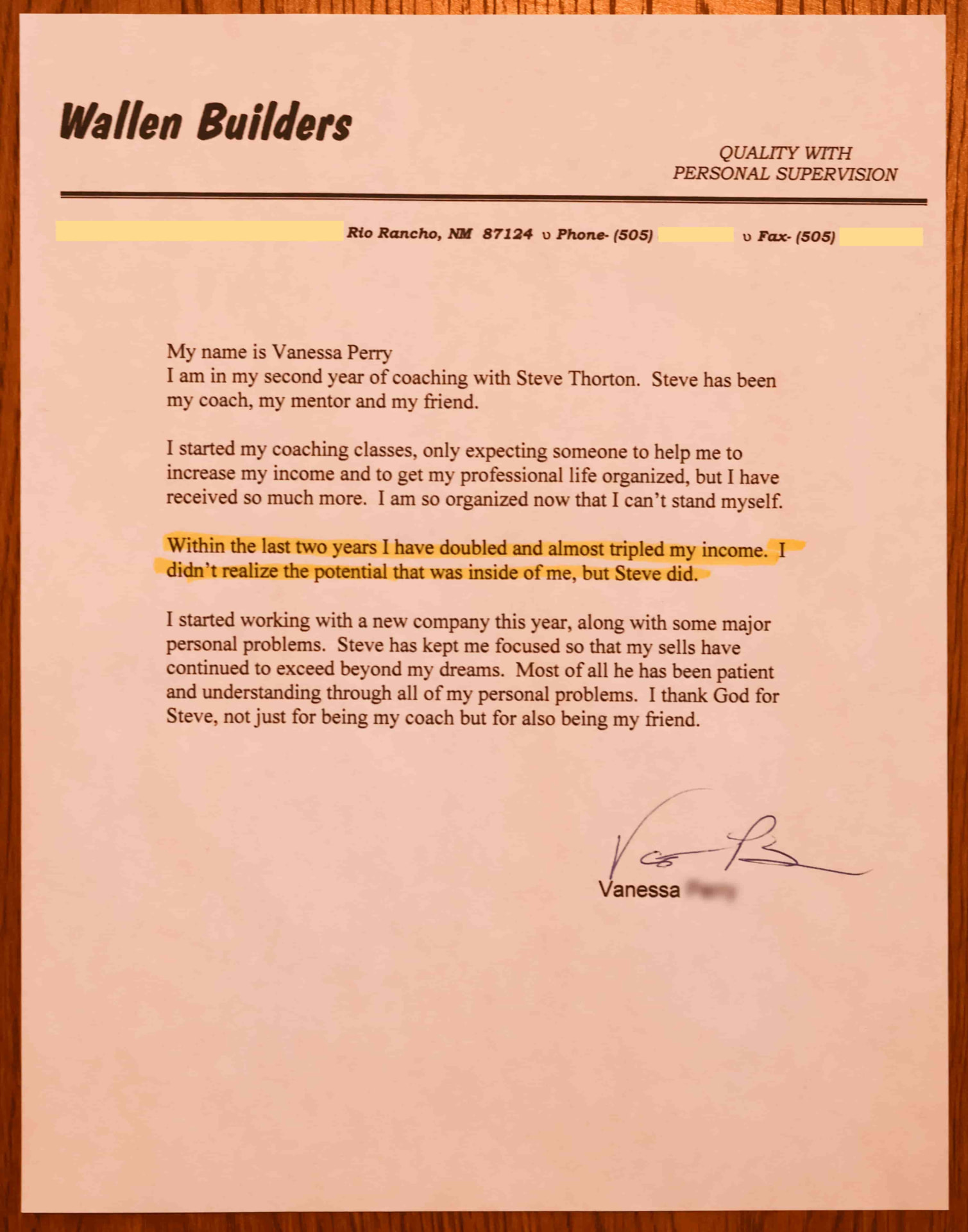 Letter from Vanessa, Wallen Builders