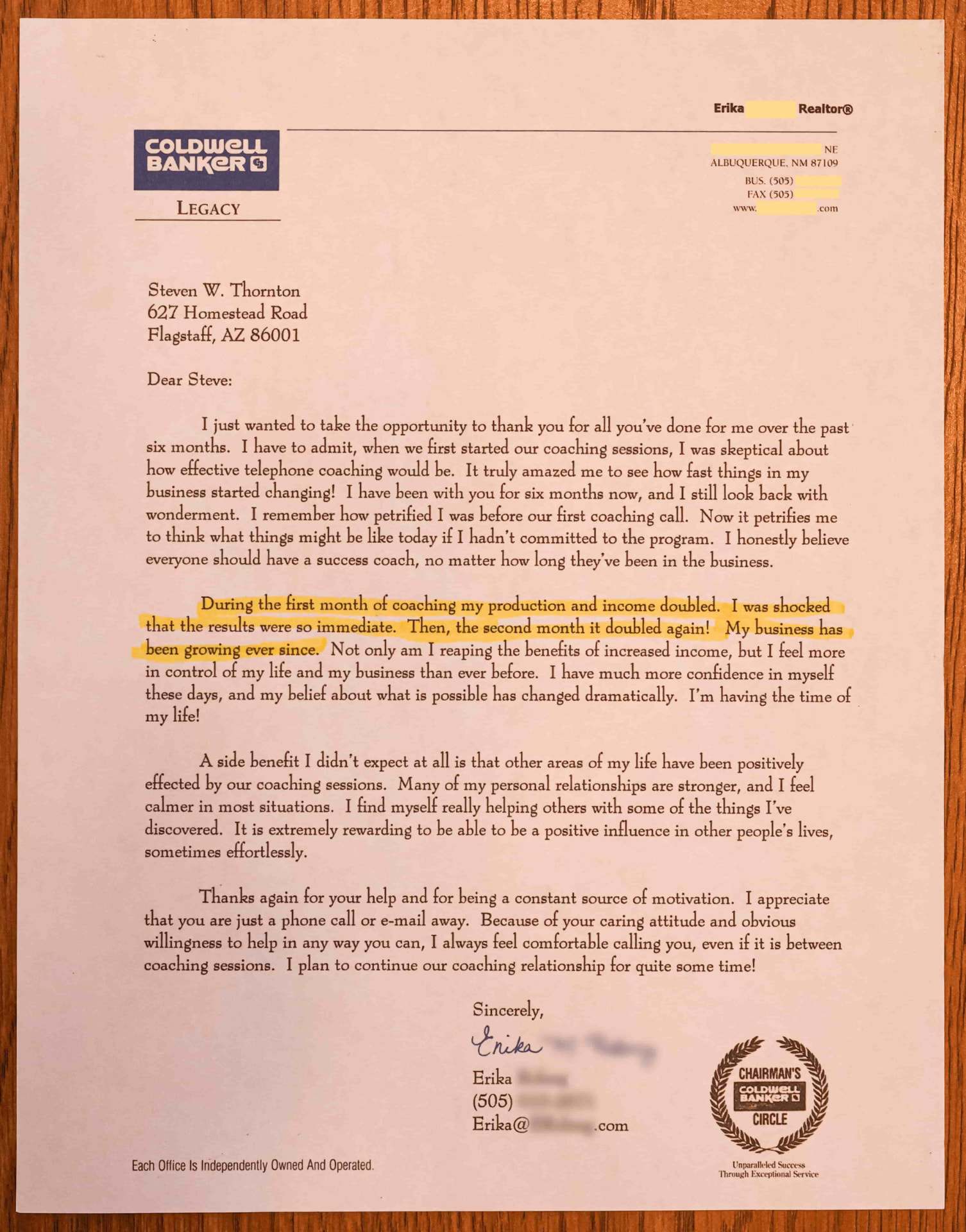 Letter from Erika, Realtor, Coldwell Banker Legacy