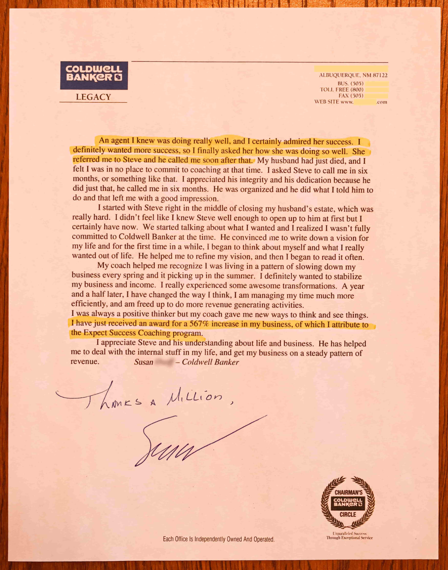 Letter from Susan, Coldwell Banker