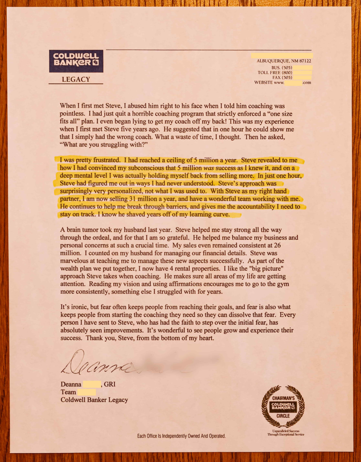 Letter from Deanna, Coldwell Banker Legacy