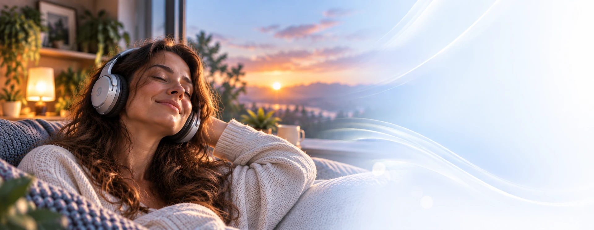 Woman listening to a personalized success song through headphones