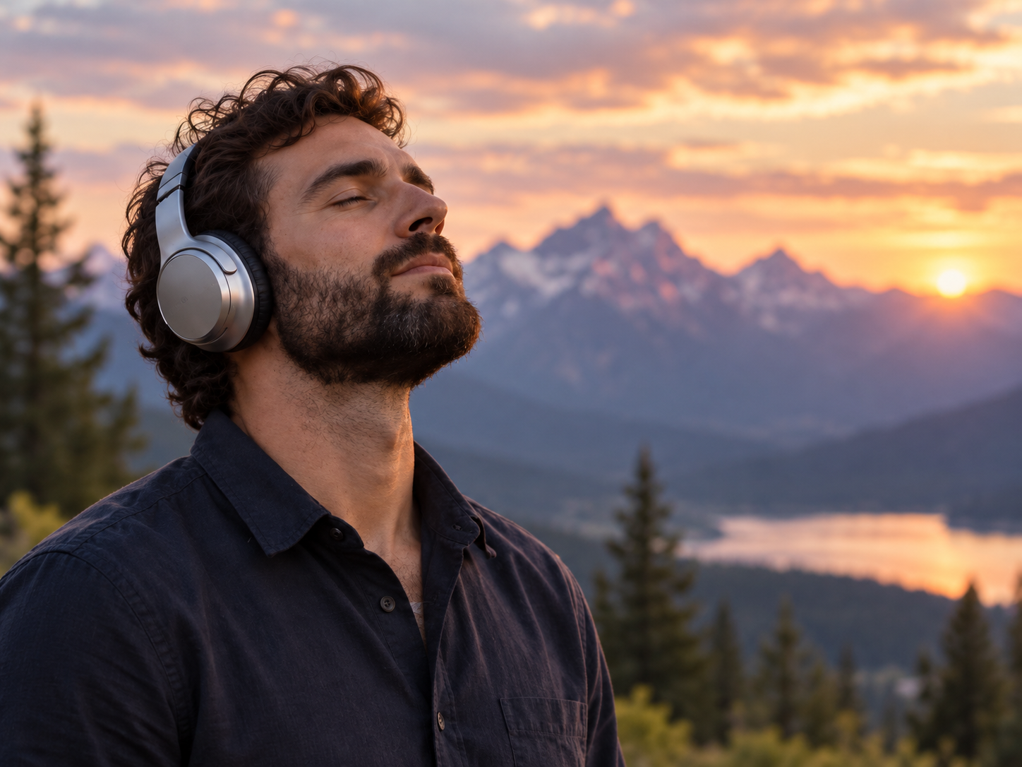 Man relaxing with headphones during a guided visualization at sunset